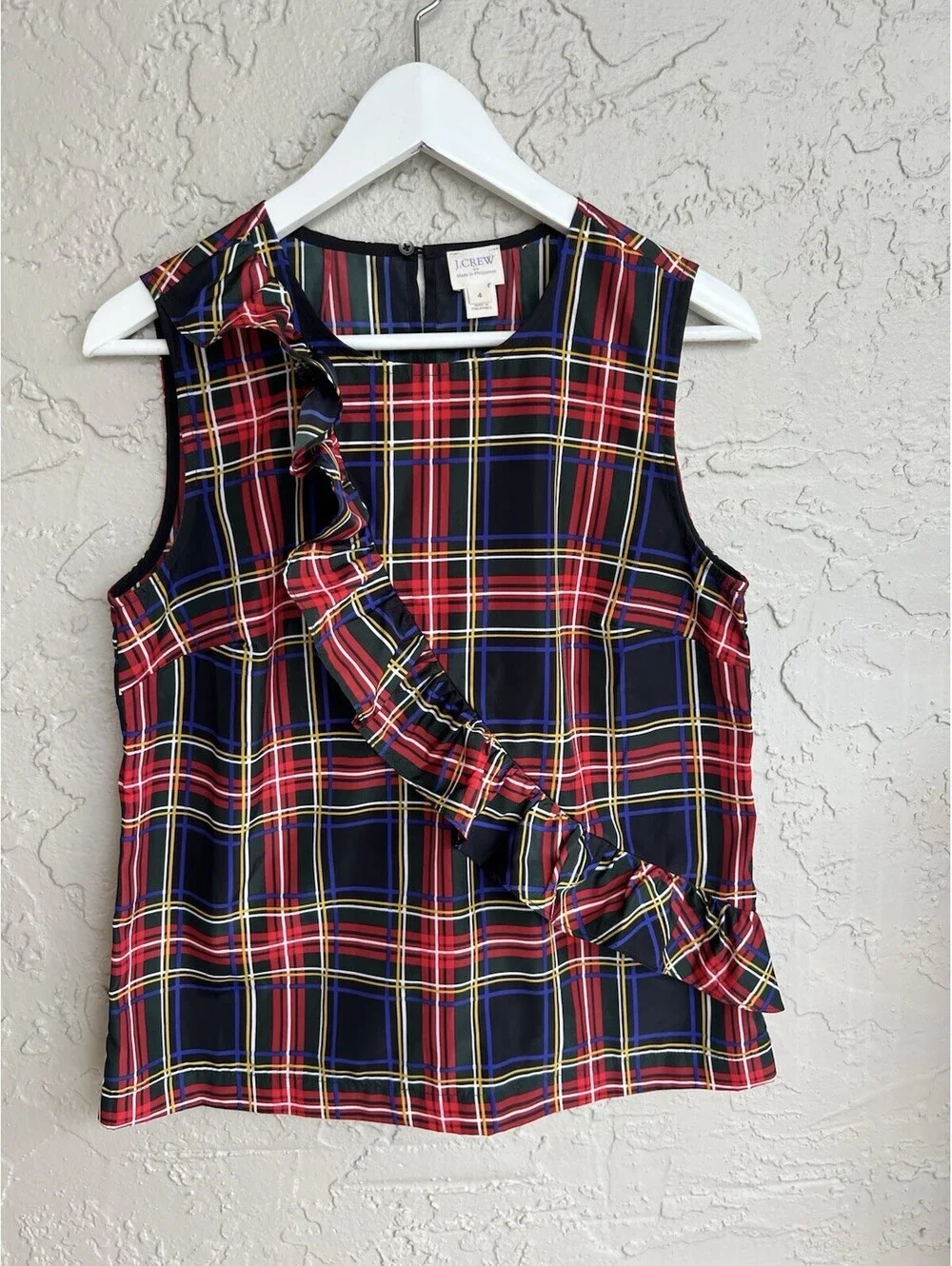 J Crew Plaid Tartan Sleeveless Blouse Ruffle Holiday Stewart Academia Top 4.
